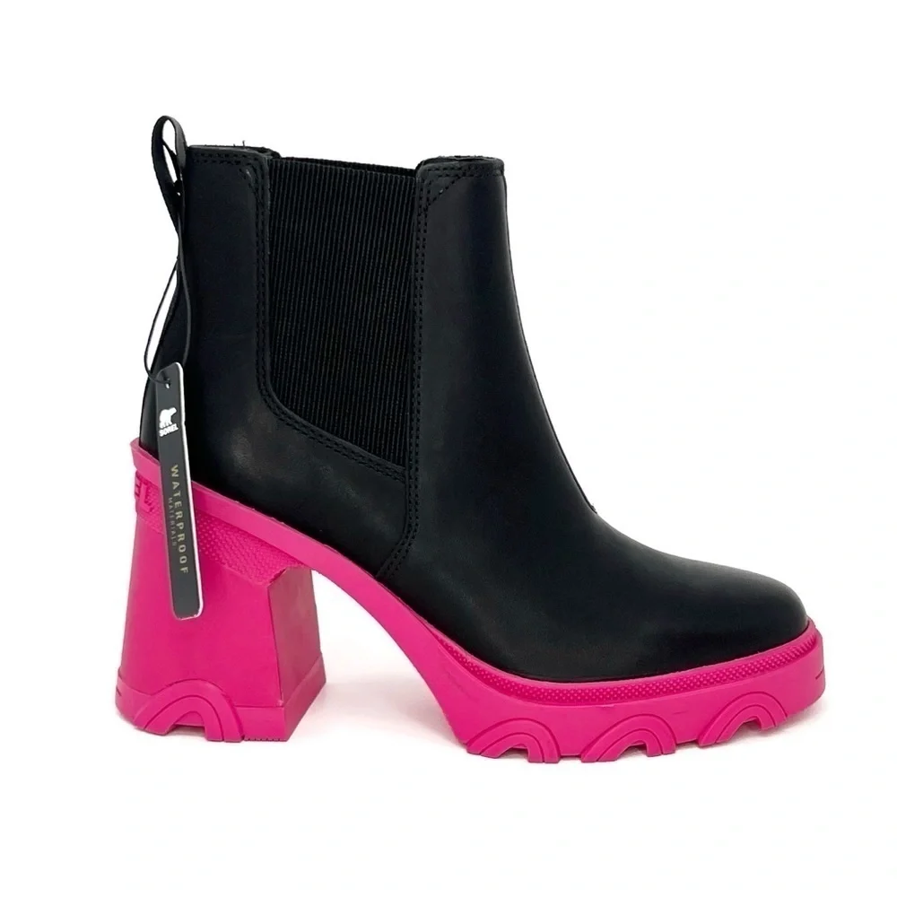 Sorel Brex Waterproof Chelsea Ankle Boots Size 8 Platform Black Pink New NWT